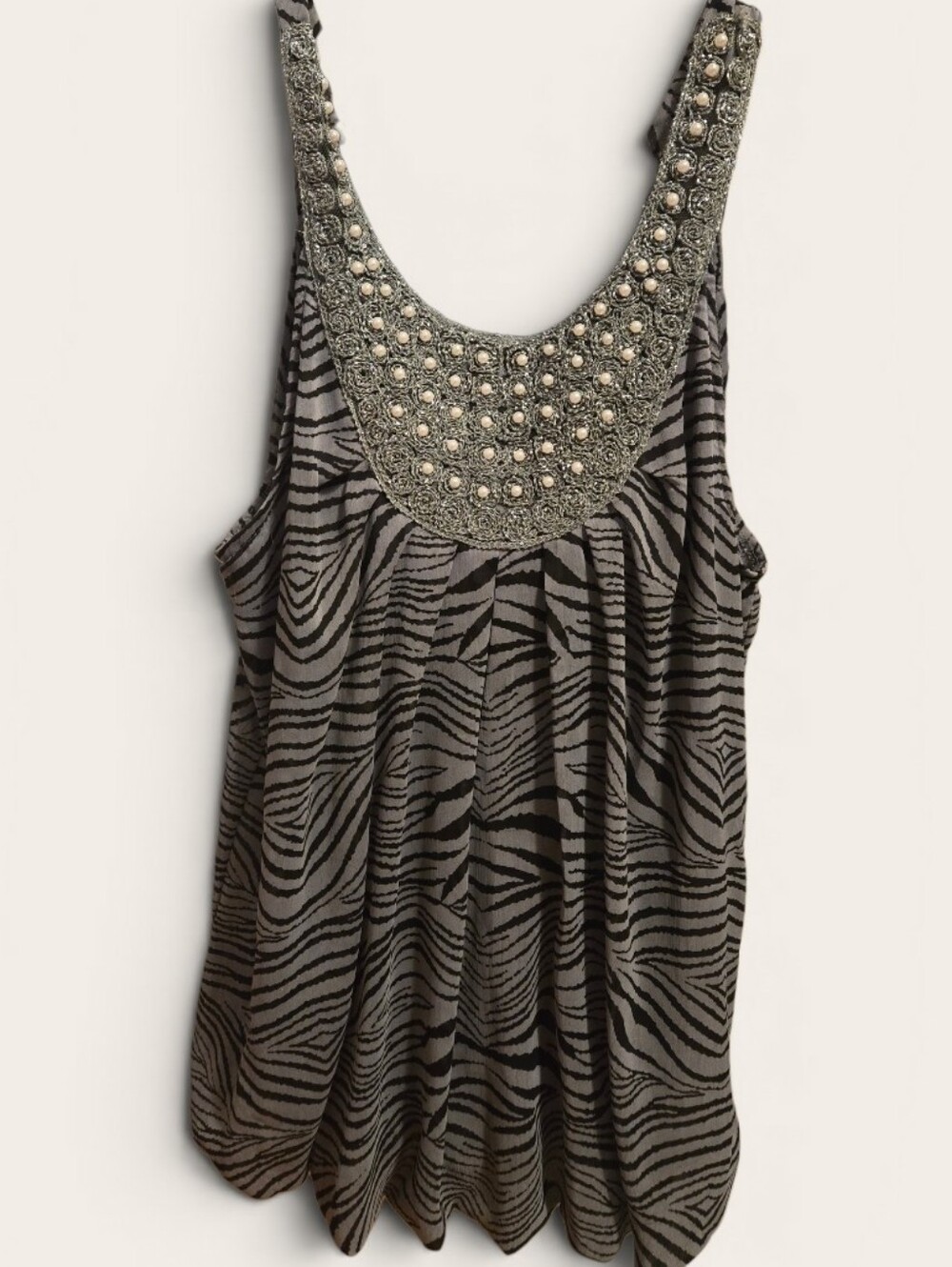 Forever 21 Gray and Black Zebra-Print Tank with Beaded Neckline